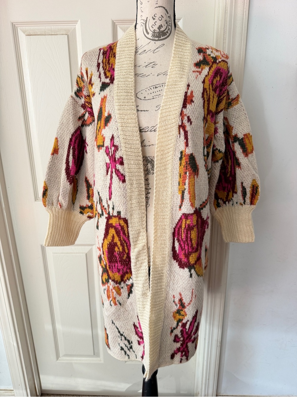 Anthropologie Cream Floral Open-Front Cardigan with Pink and Yellow Accents